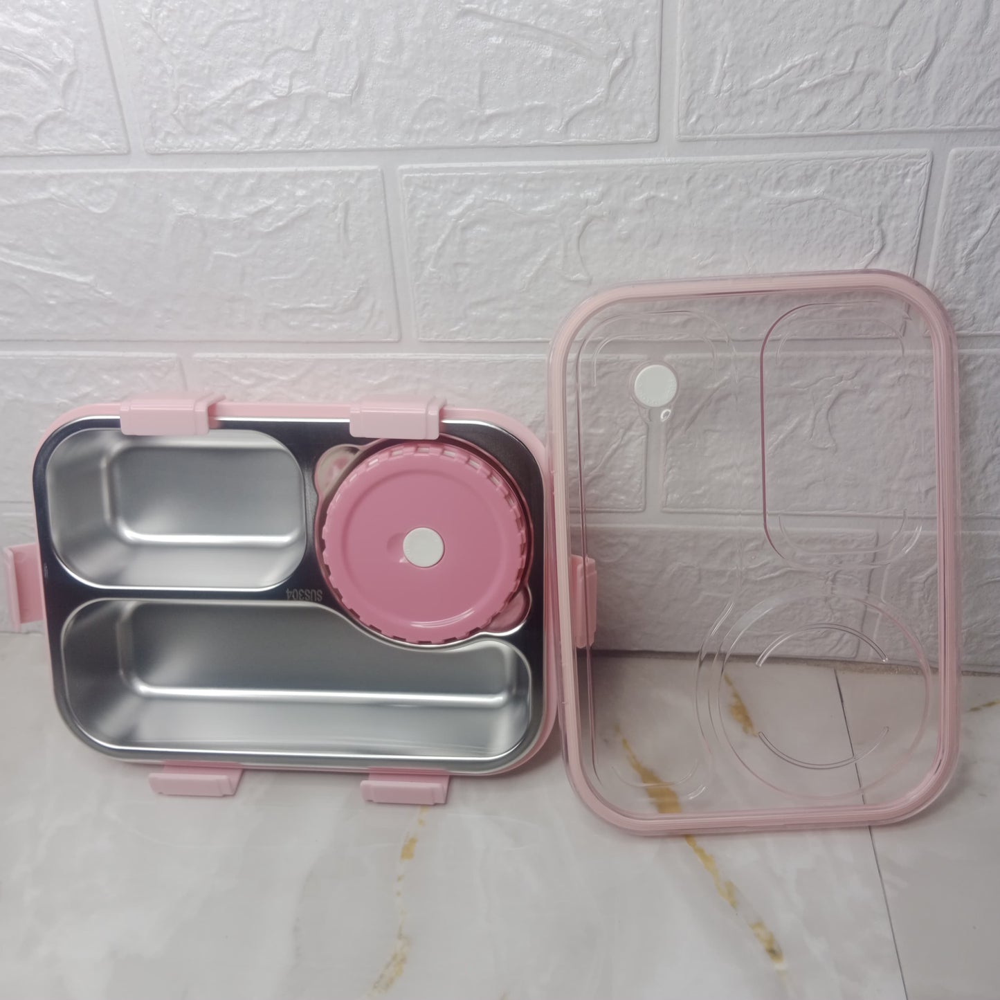 TRANSPARENT COVER 3 PARTITION PINK TRENDY LUNCH BOX | DURABLE AND LEAK PROOF TIFFIN BOX (8941)