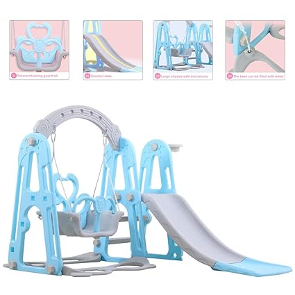 Toddler Climber and Swing Set Slide Swing Combo 3 in 1 Climber Sliding Playset w/Basketball Hoop (Blue)