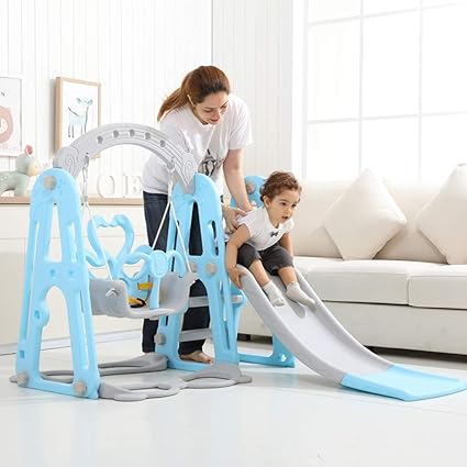 Toddler Climber and Swing Set Slide Swing Combo 3 in 1 Climber Sliding Playset w/Basketball Hoop (Blue)