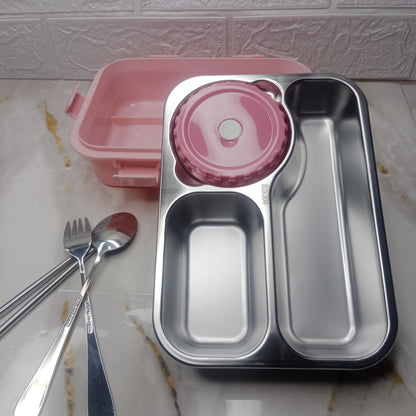 TRANSPARENT COVER 3 PARTITION PINK TRENDY LUNCH BOX | DURABLE AND LEAK PROOF TIFFIN BOX  (8941)