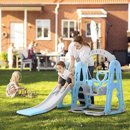 Toddler Climber and Swing Set Slide Swing Combo 3 in 1 Climber Sliding Playset w/Basketball Hoop (Blue)